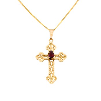 9ct Gold Garnet Cross Pendant with Chain